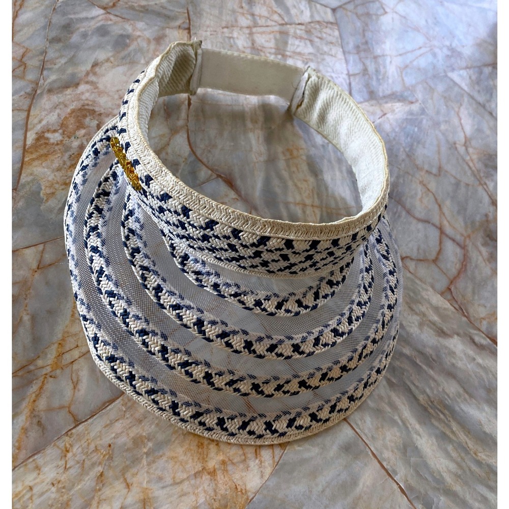 Calvin Klein Woven Mesh Sun Visor Navy Cream Chevron Gold Logo Elastic Back